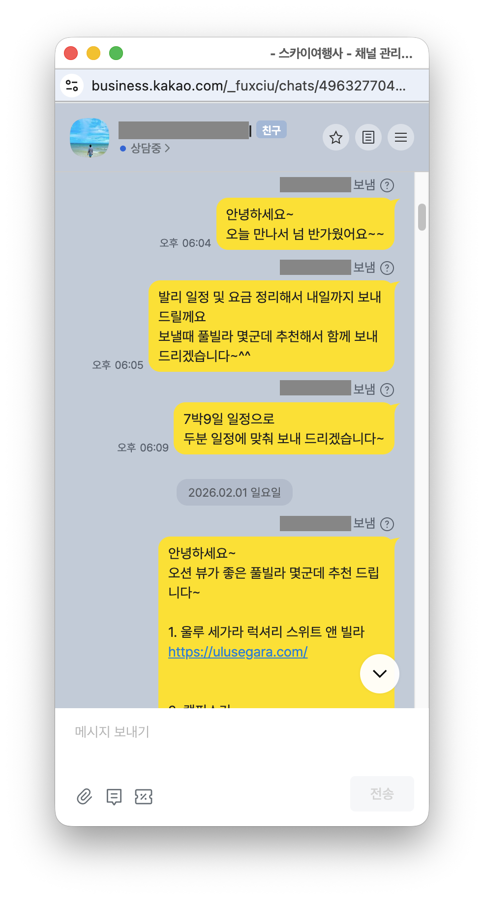 카카오톡 실제 상담 화면 — 발리 풀빌라 추천 및 일정 조율